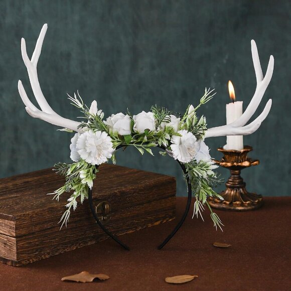 Handmade White Flower Antler Headpiece Woodland Reindeer Crown for Cosplay main image 8